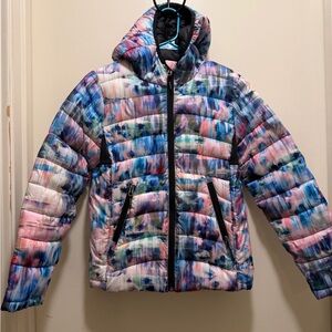 Girls' Watercolor Print Hooded Puffer Jacket - Multicolor